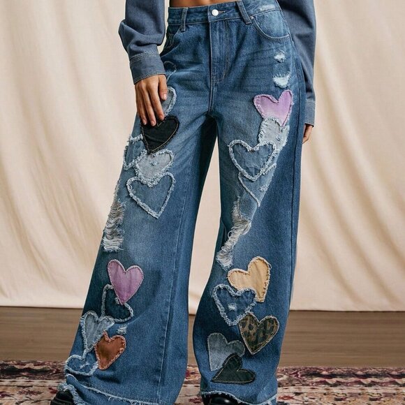 Blue Casual Women's patchwork Heart Pattern Washed Low-Rise Denim Jeans - Picture 6 of 7